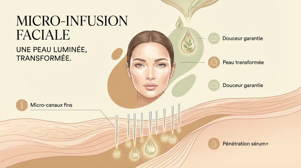 Illustration didactique de la micro-infusion faciale. Le sérum pénètre les micro-canaux pour une peau douce, lumineuse et transformée.