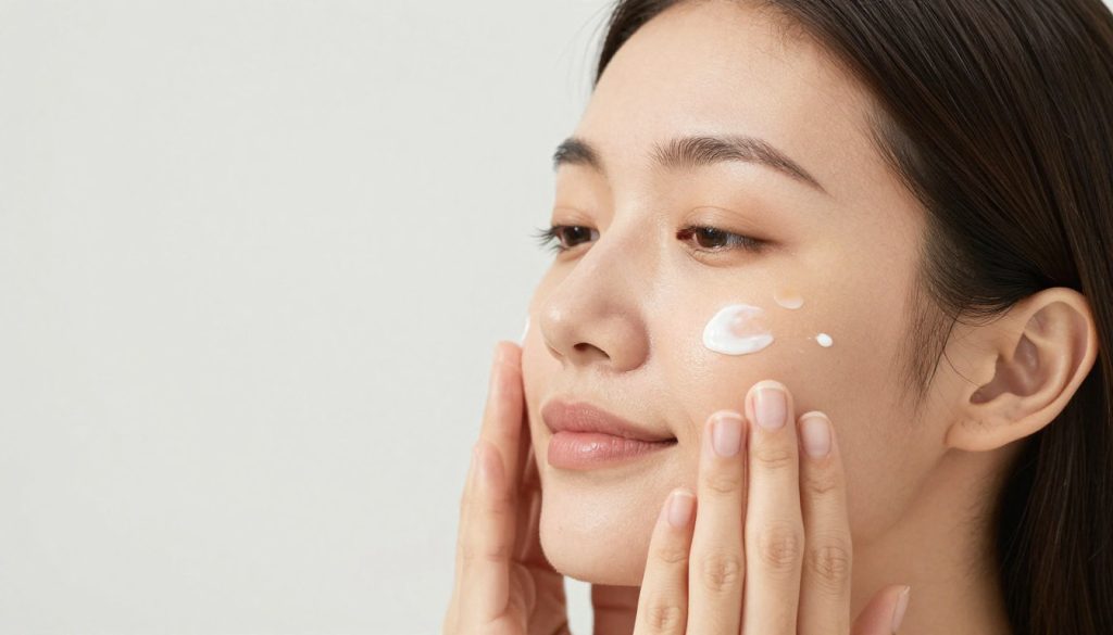 Gros plan sur une femme appliquant délicatement des produits (crème, sérum) sur sa joue droite, mains sur le visage.