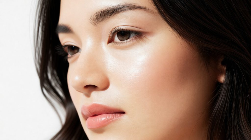 Gros plan sur le visage d'une femme à la peau éclatante et hydratée, soulignant un teint radieux après soin visage.