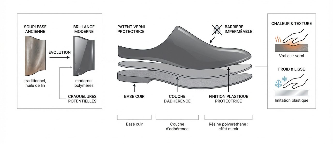 Infographie sur le cuir verni, montrant son évolution, sa composition en couches et la différence entre vrai cuir et imitation.